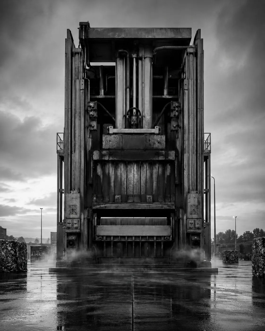 Vertical baler compactor on a misty recycling yard at dusk, baled material stacked behind it