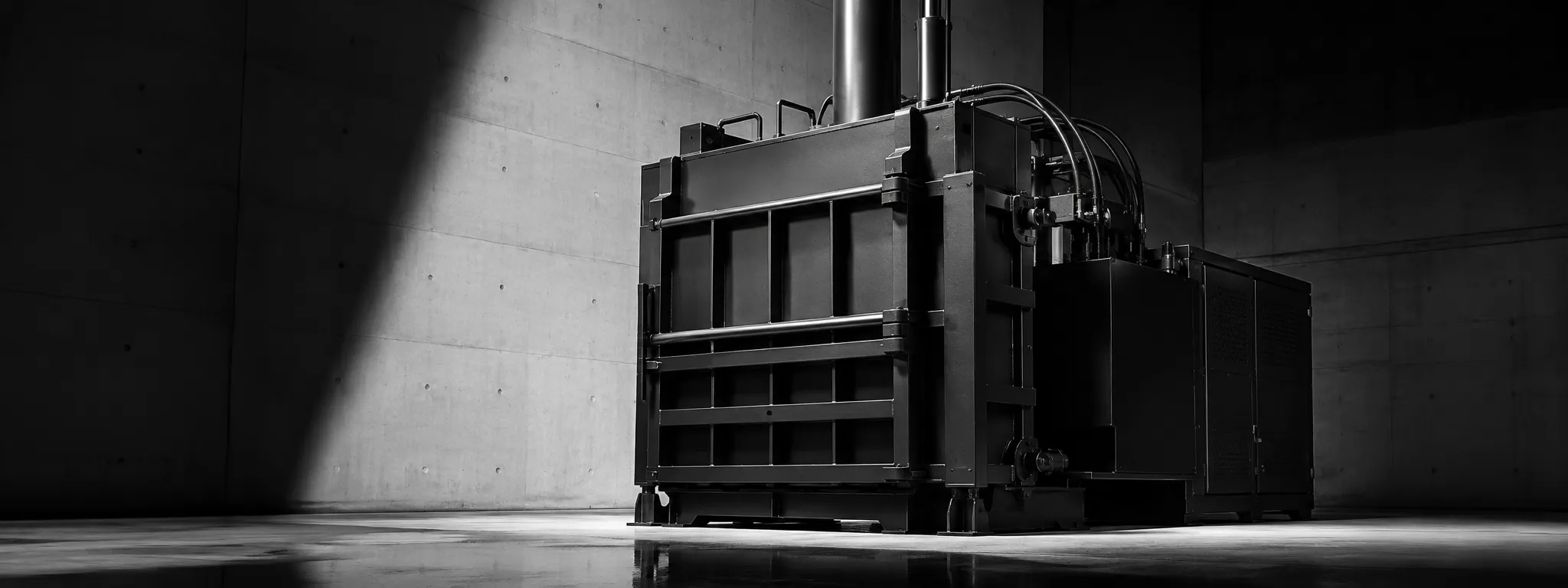 Industrial baler in stark studio light against a concrete wall