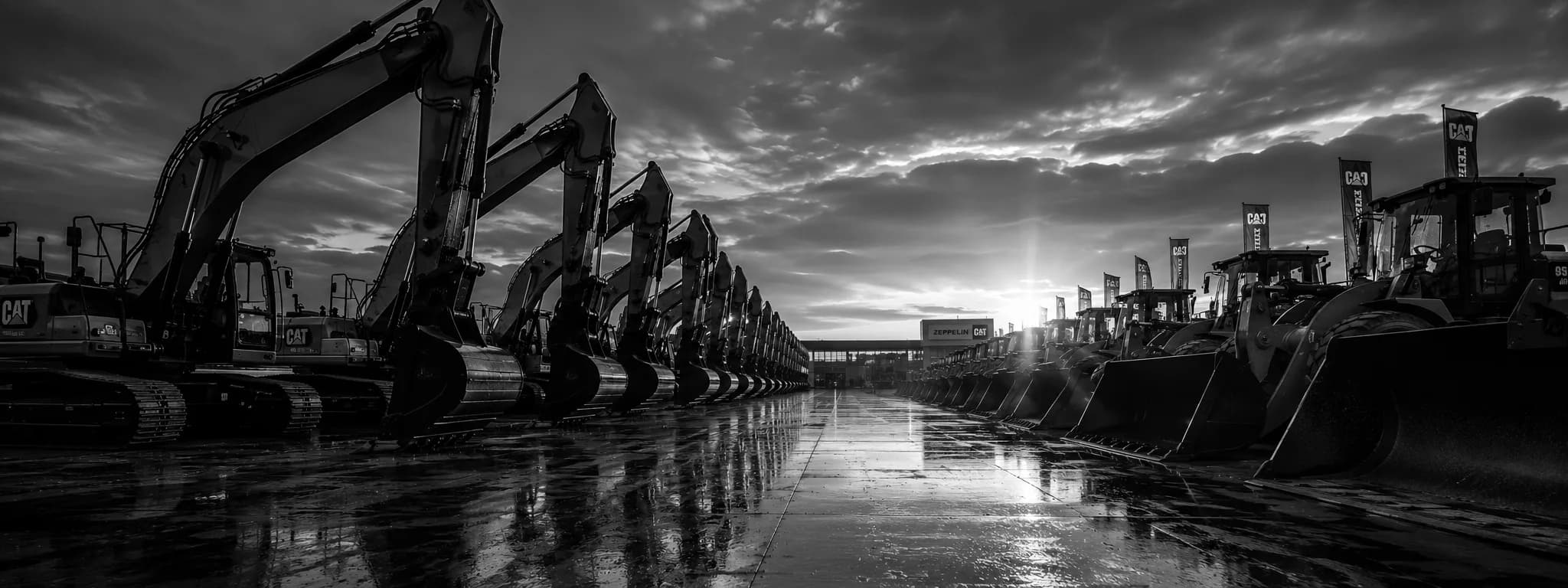 Heavy construction equipment lined up at a dealership yard at dawn