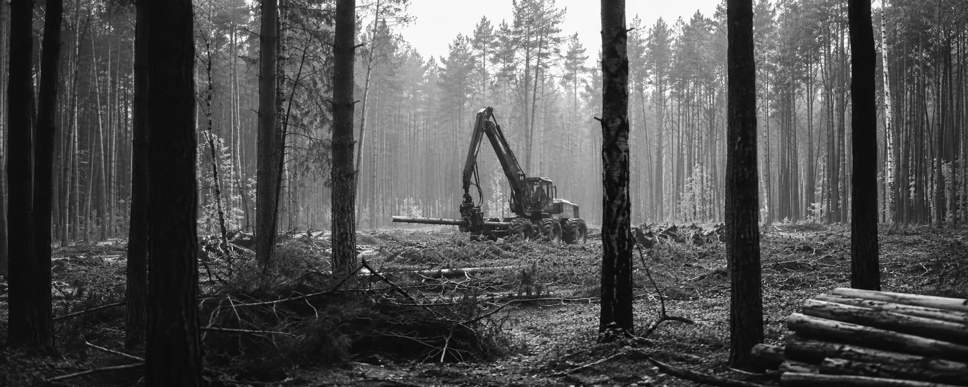 Forestry machine working a misty forest