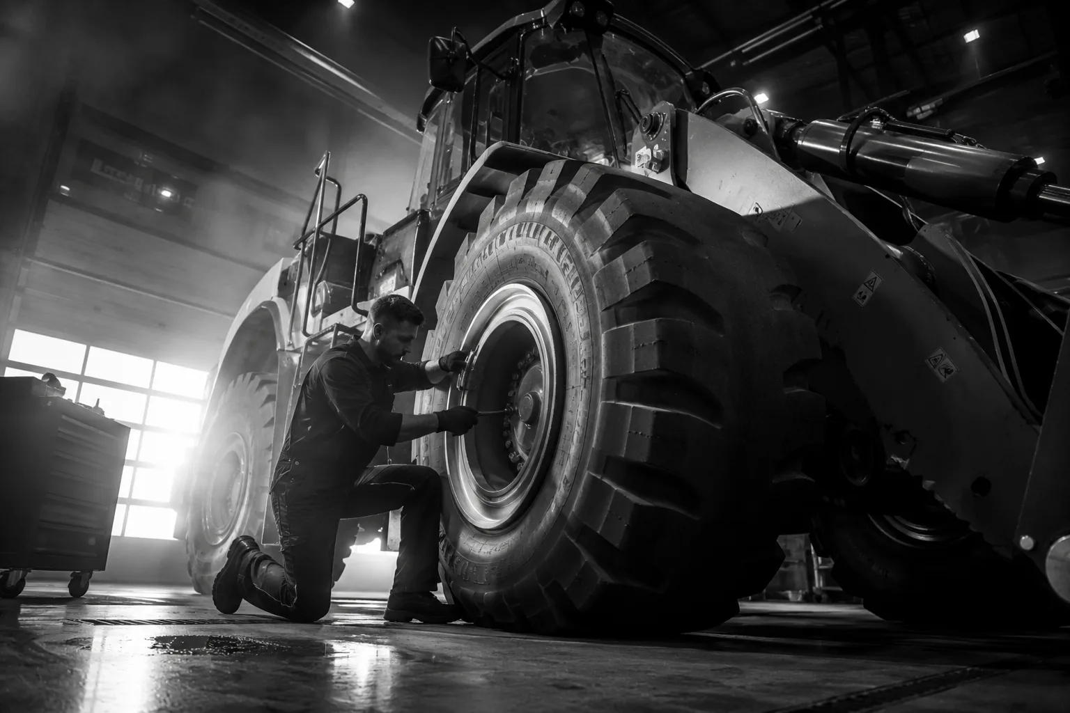 Mechanic working on a massive loader tire