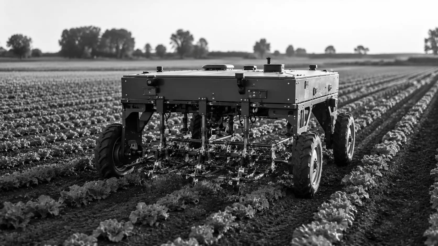 Robotic farming machine working a vast field