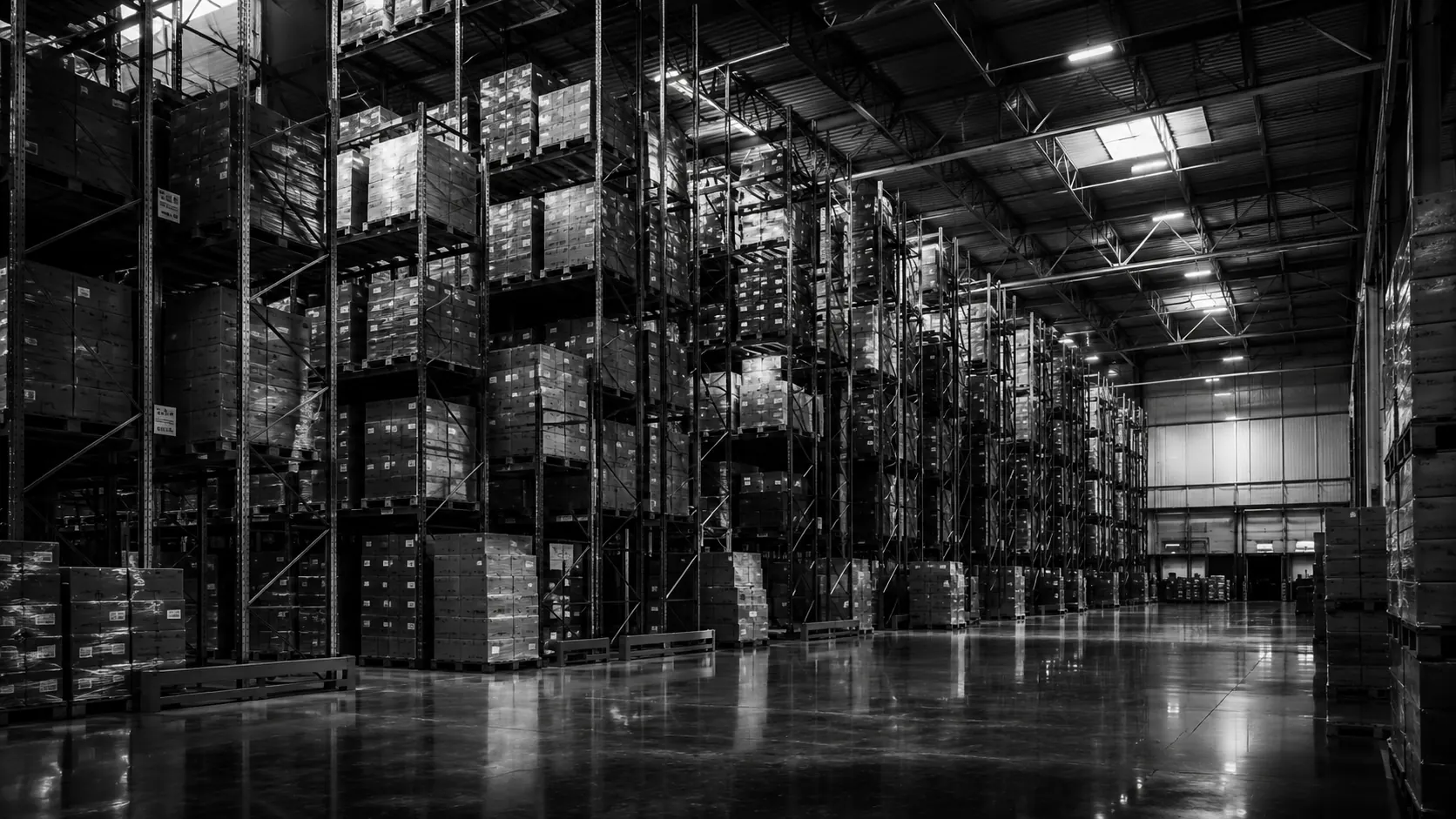 Spacious industrial warehouse hall in black and white