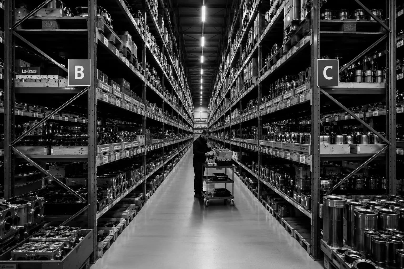 Industrial warehouse with organized parts storage