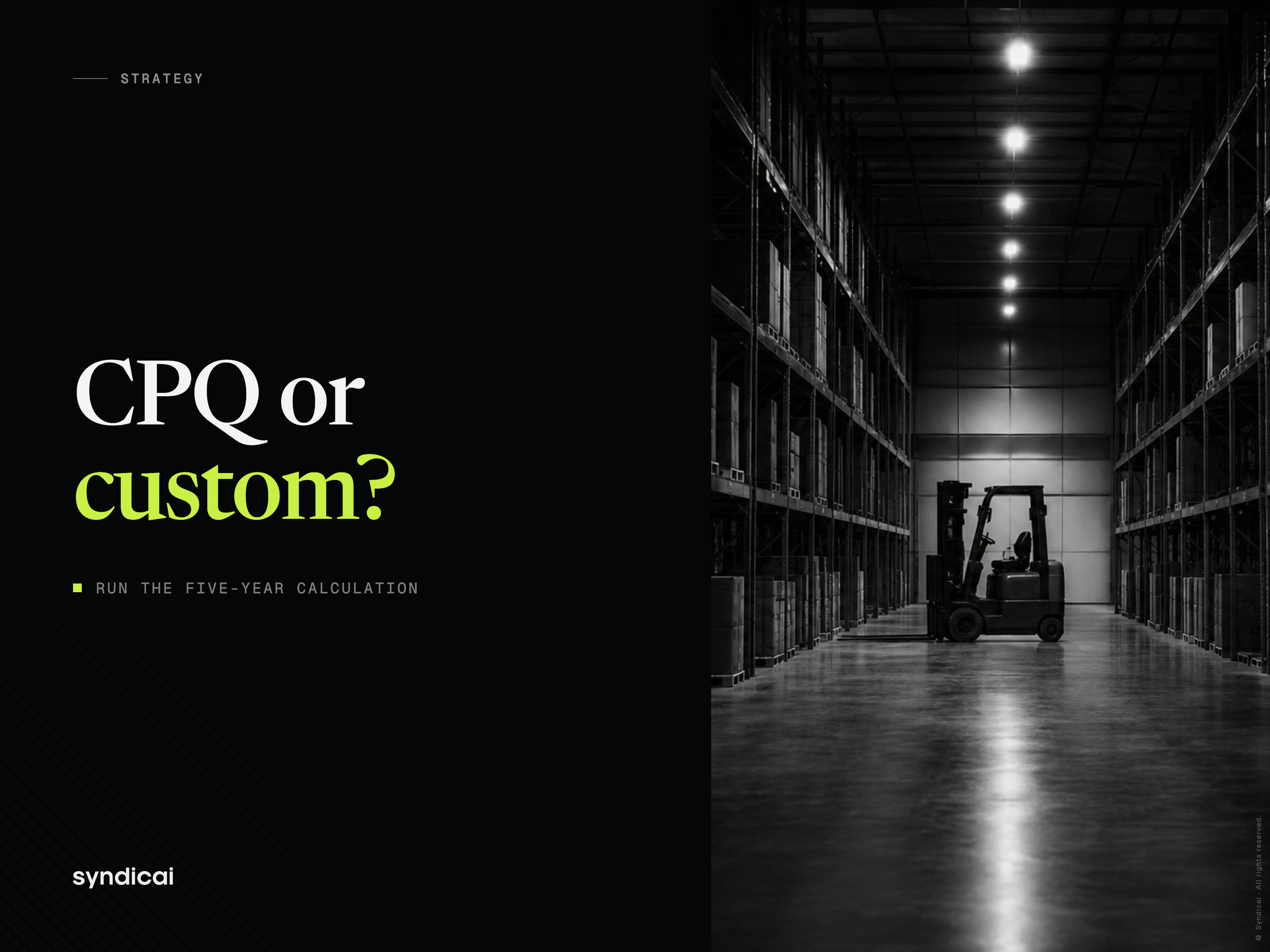A forklift centered in a warehouse aisle between two symmetrical storage racks