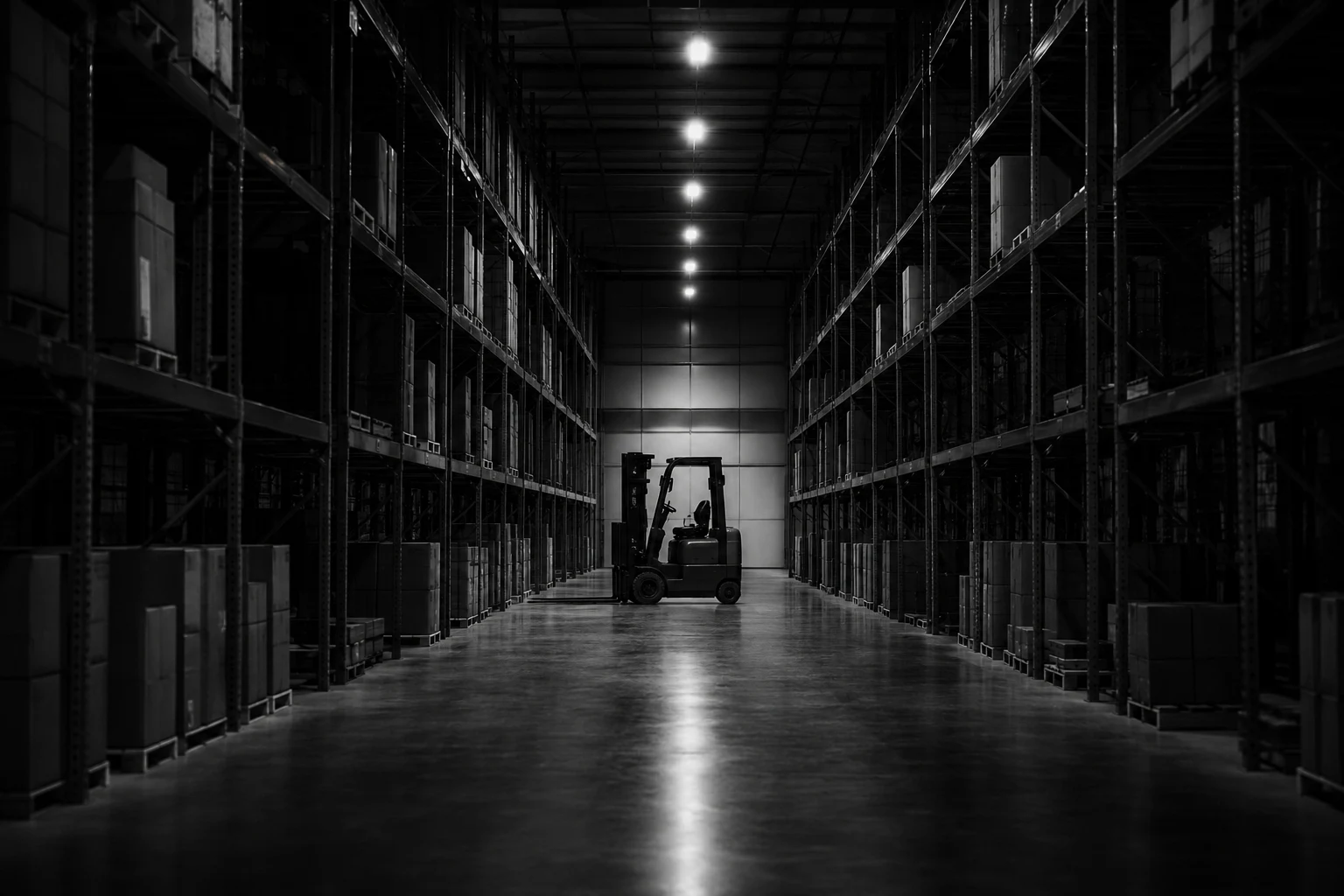 A lone forklift parked in a dark, quiet warehouse aisle