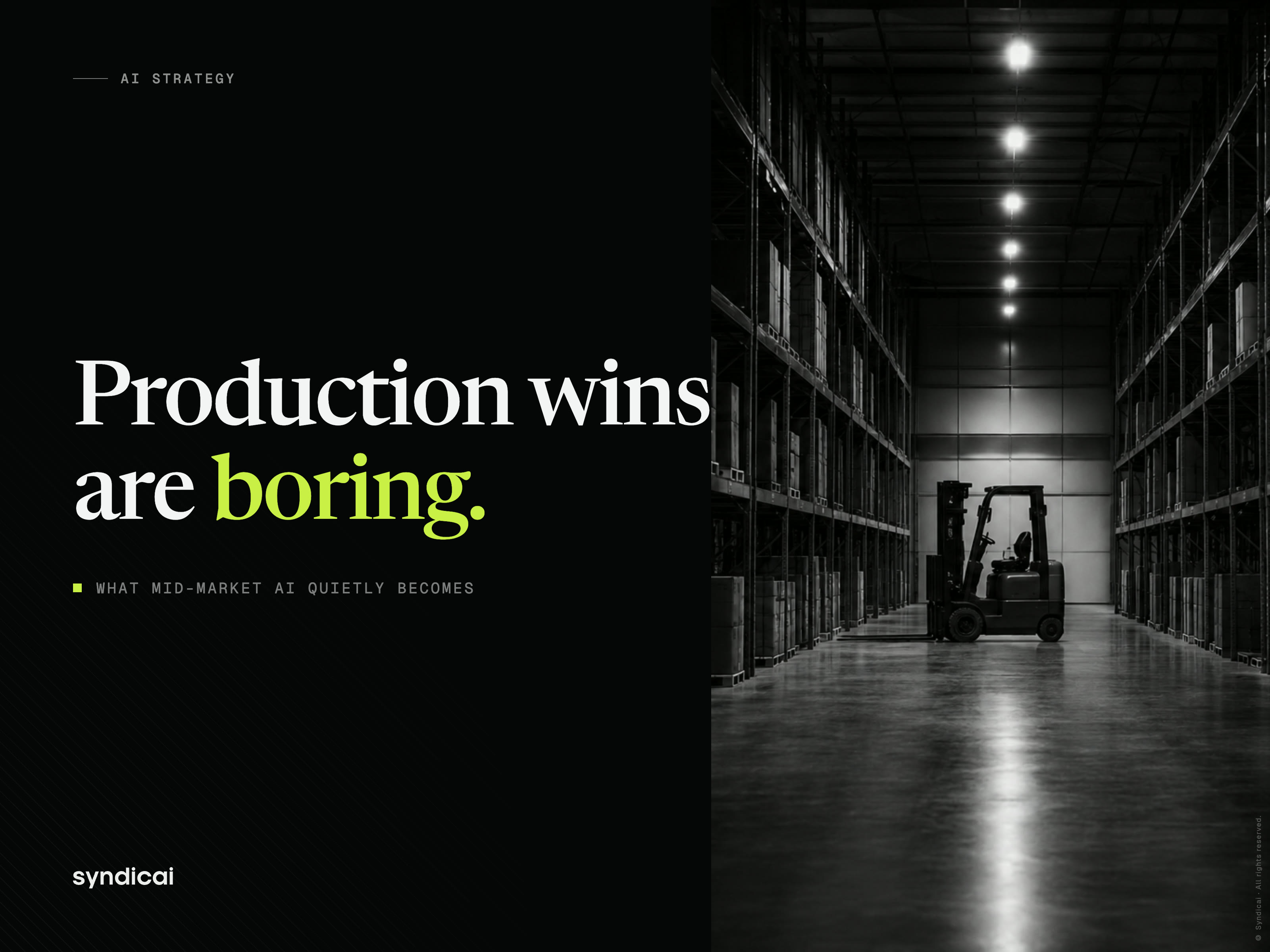 A lone forklift parked in a dark, quiet warehouse aisle
