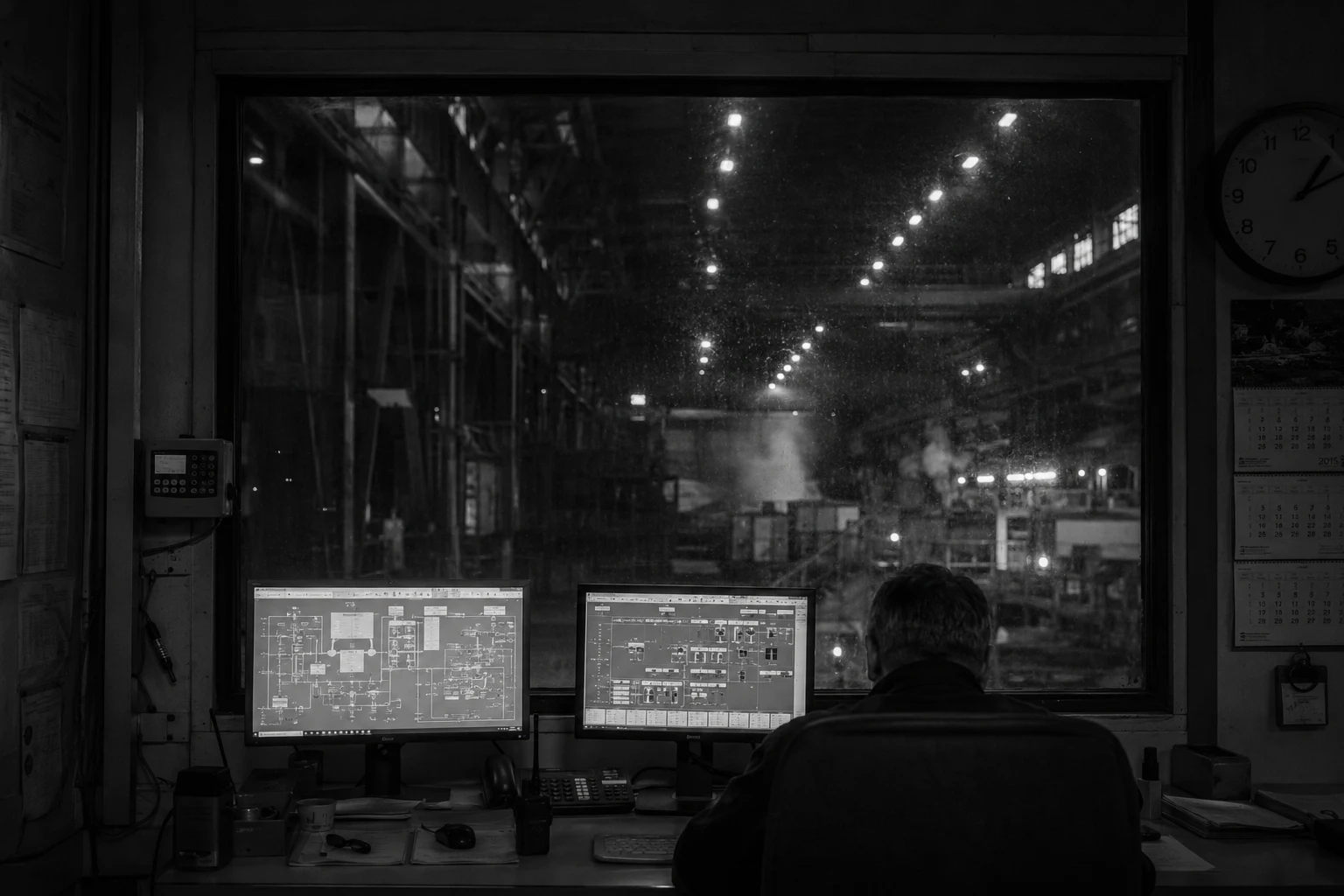 An operator watching plant monitors from a control room at night