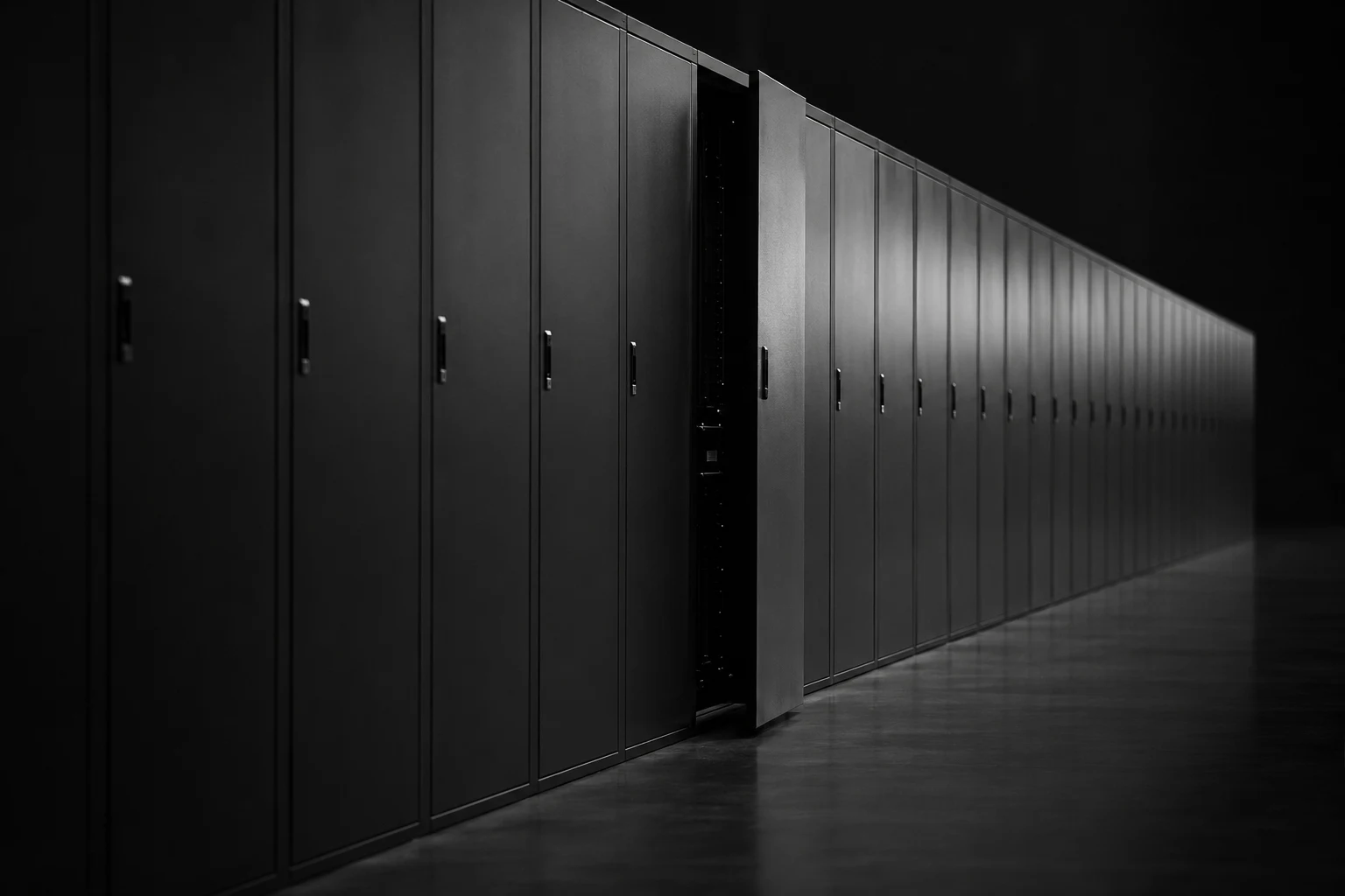 A row of identical industrial cabinets, one door ajar