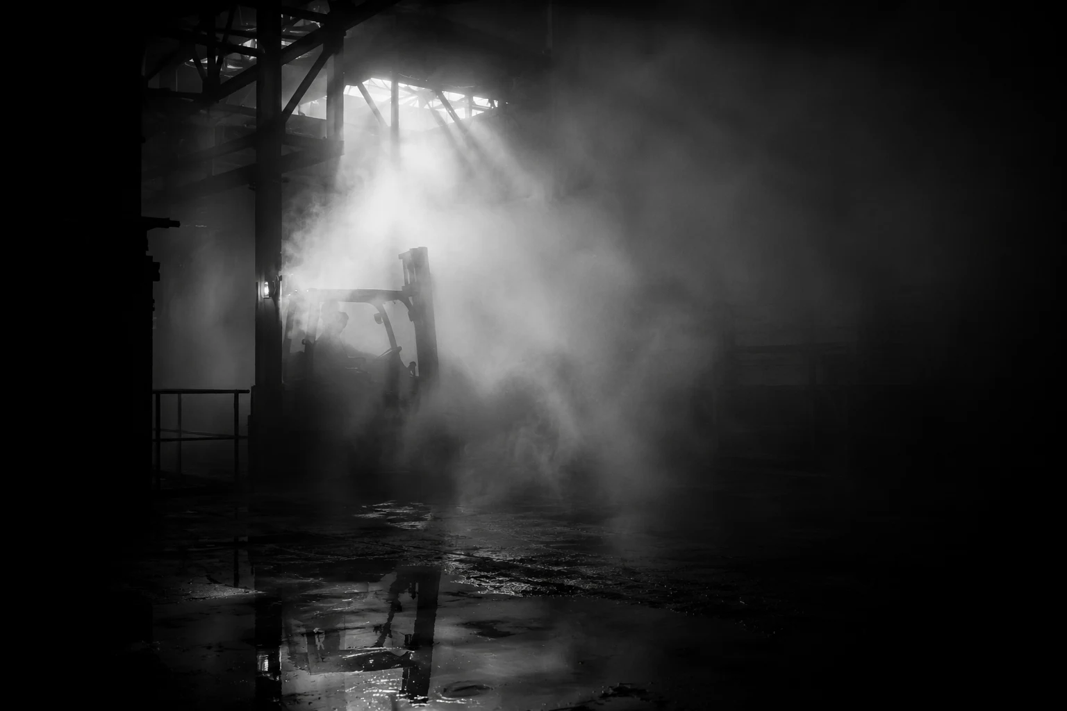 A forklift half-visible in warehouse fog